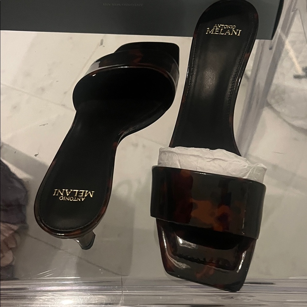 ANTONIO MELANI Tortoiseshell Patent Slide Mules - Black & Brown